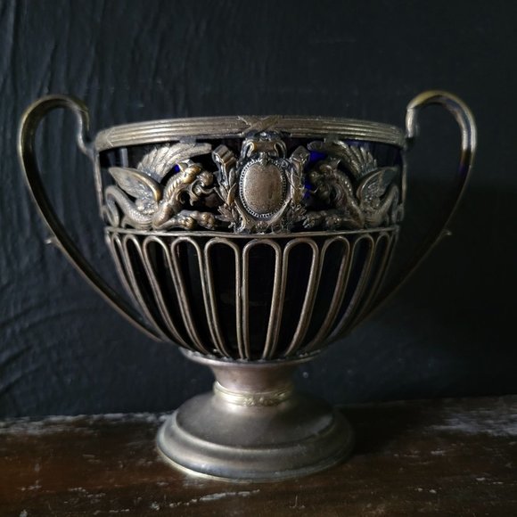 Vintage Pierced Pedestal Sugar Bowl /Blue Glass Liner, Dragons and Crest - Picture 1 of 10